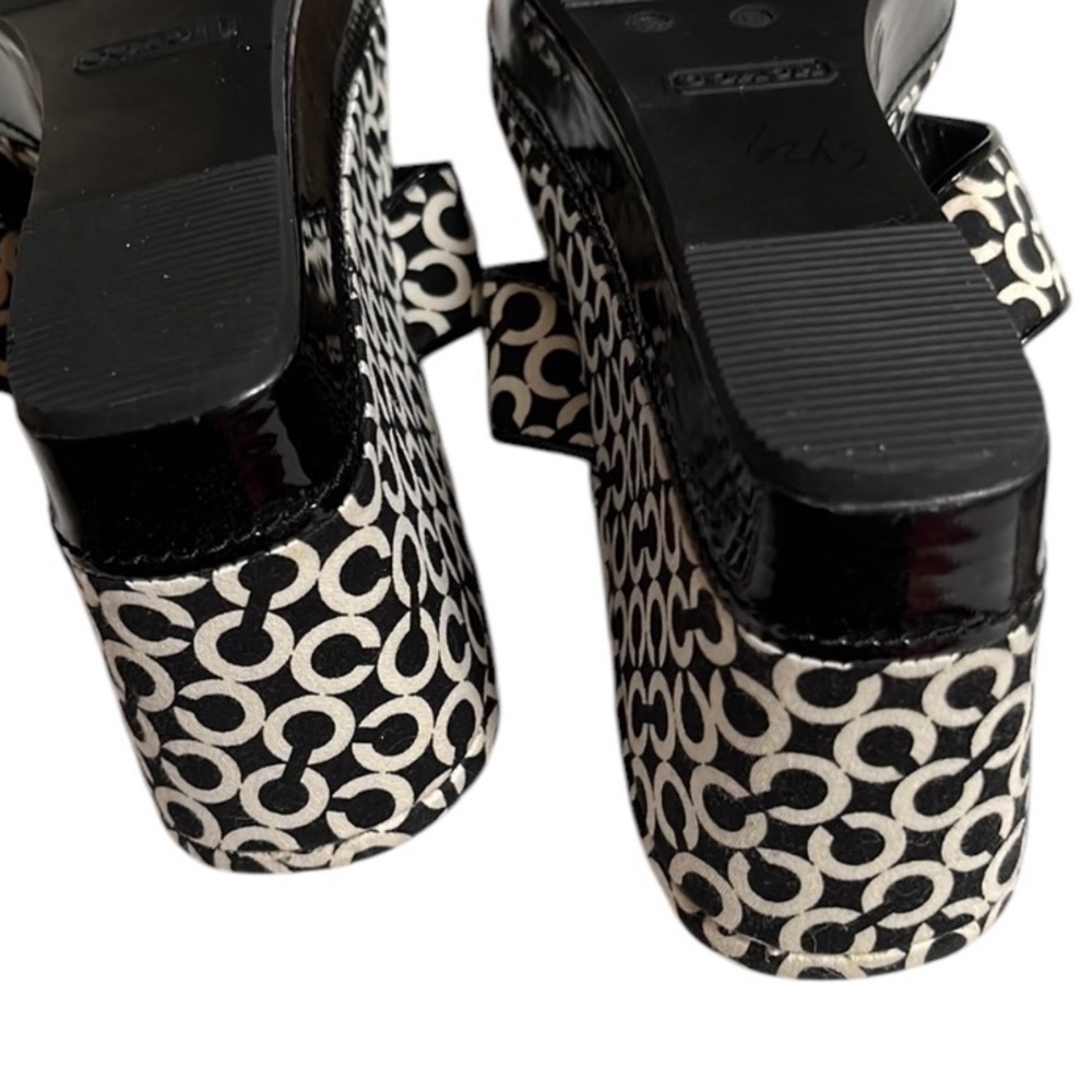 Coach size 10 black & creamy white thong wedge heel patent leather trim - Picture 7 of 13